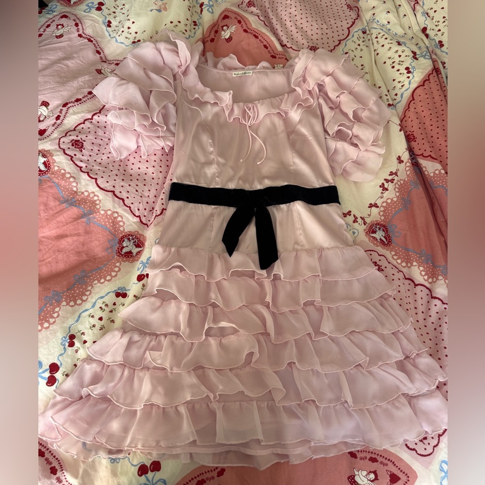 For Love And Lemons Pink Ruffle Mini Dress with Black Belt